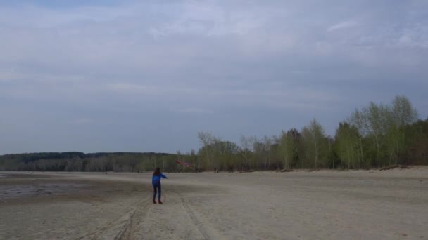 在森林背景下在岸上放风筝的女孩 — 图库视频影像