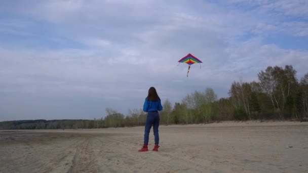 Ragazza Con Aquilone Sulla Riva Sullo Sfondo Della Foresta — Video Stock