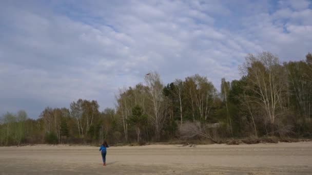 Mädchen Mit Drachen Ufer Vor Der Kulisse Des Waldes — Stockvideo