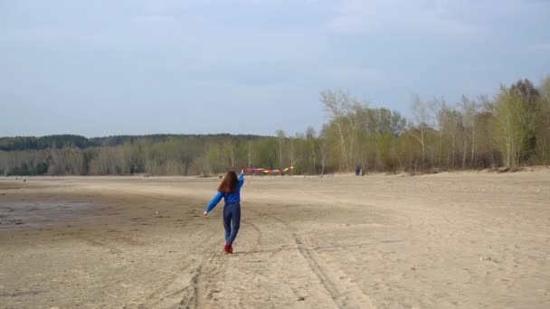 女孩与风筝在海滩手中 — 图库视频影像
