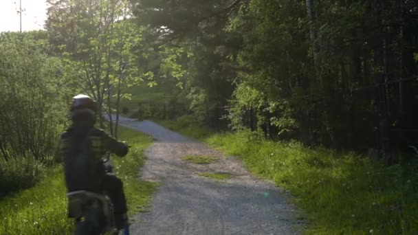 Motociclista Motocross Passeios Bicicleta Através Floresta — Vídeo de Stock