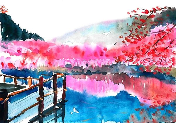 Sakura Floresce Lago Belos Reflexos Lago Azul Cais Madeira Perto — Fotografia de Stock