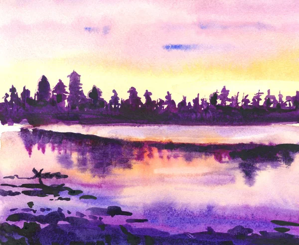 Desenho Aquarela Floresta Nos Raios Pôr Sol — Fotografia de Stock