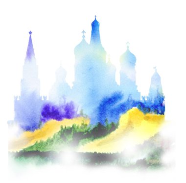 Kremlin ve Vasily Blozhennoy Katedrali çizim. Mavi ve mor siluet sis güzel görünüyor