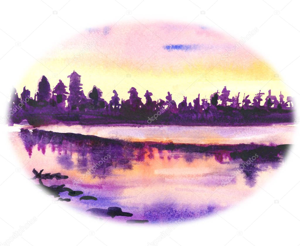 Drawing watercolor. Forest in the rays of sunsets. The forest is reflected in a quiet lake. Dark purple trees and clouds are reflected in transparent water.