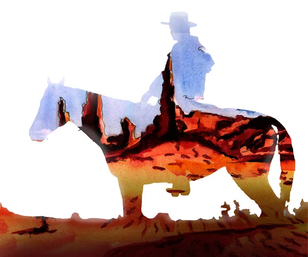 Contorno Cowboy Cavallo Con Uno Sfondo Deserto Rocce — Foto Stock