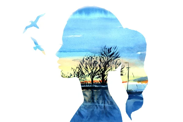 女孩的轮廓与湖和天空和海鸥的背景 背景蓝色和绿松石色 — 图库照片