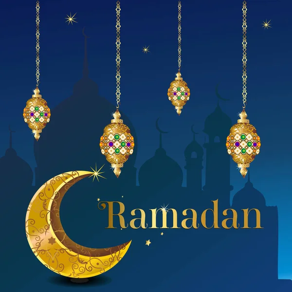 Ramadan Kareem mit goldenem luxuriösem Crescen, Vorlage islamisch verzierte Grußkarte — Stockfoto