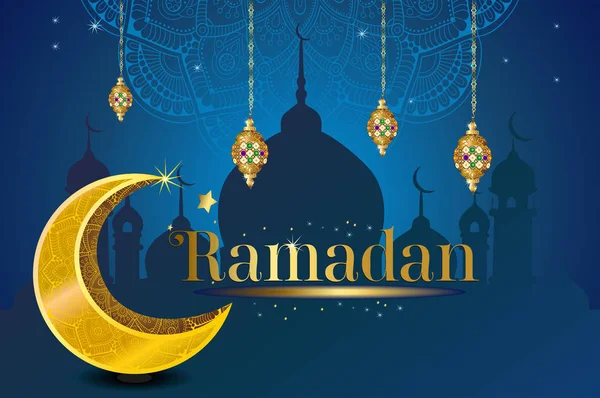 Ramdan Kareem Mit Goldenen Verzierten Halbmond Feier Luxuriösen Hintergrund Grußschablone — Stockvektor