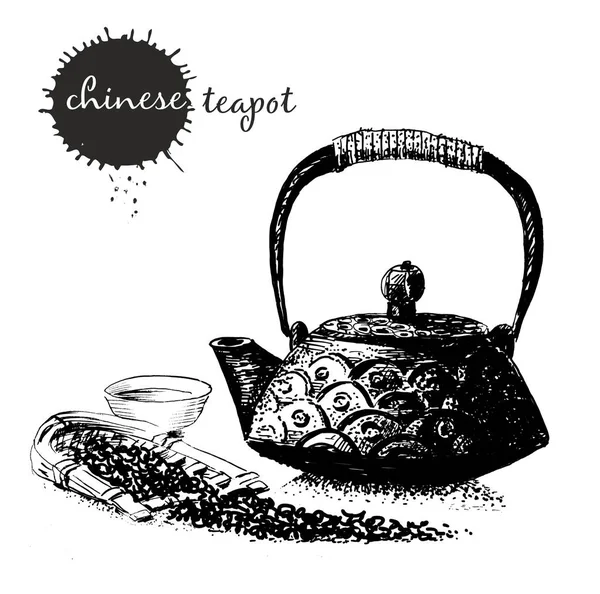 Tea vintage background. Hand drawn sketch illustration. Menu design. Chinese teapot with a cup and tea leaves. hand drawn chinese tea Illustration. Vintage style sketch background