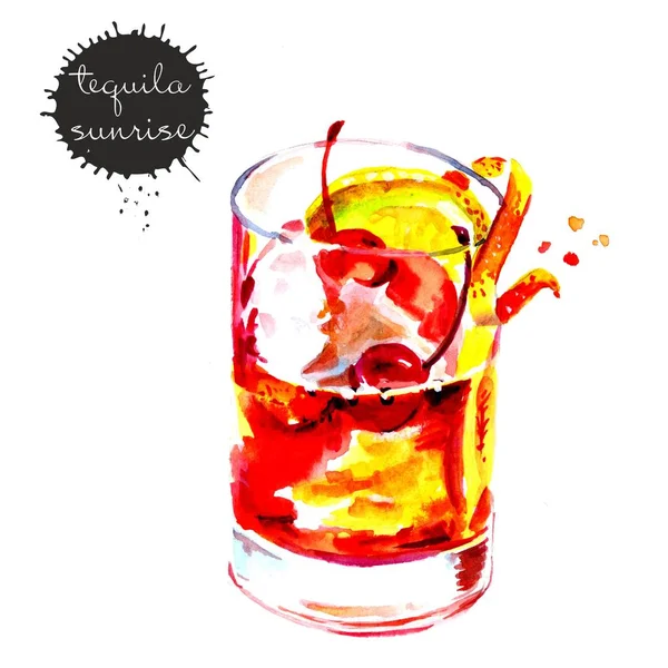 Watercolor drawing of a cocktail with lemon and cherry