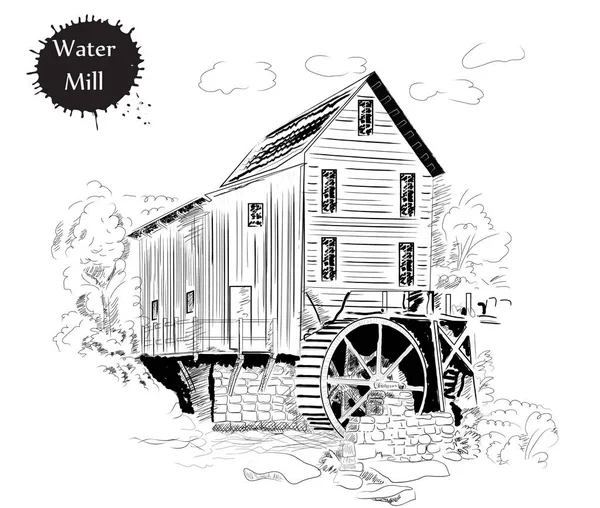 Bosquejo viejo molino de agua — Vector de stock