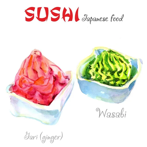 Japan food. Watercolor Illustration. A portion of wasabi on a white background.