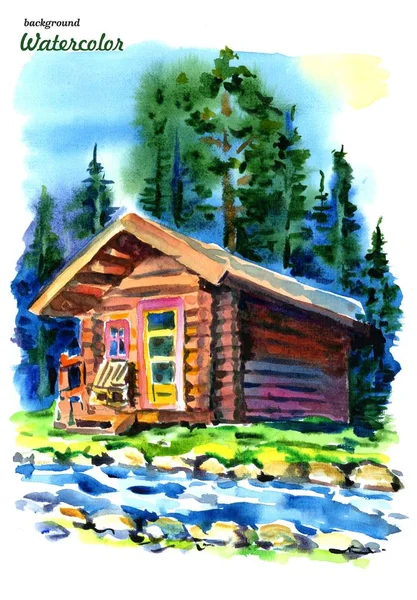 Maison aquarelle dans la forêt. Maison en bois, pin et épicéa sur fond blanc . — Photo