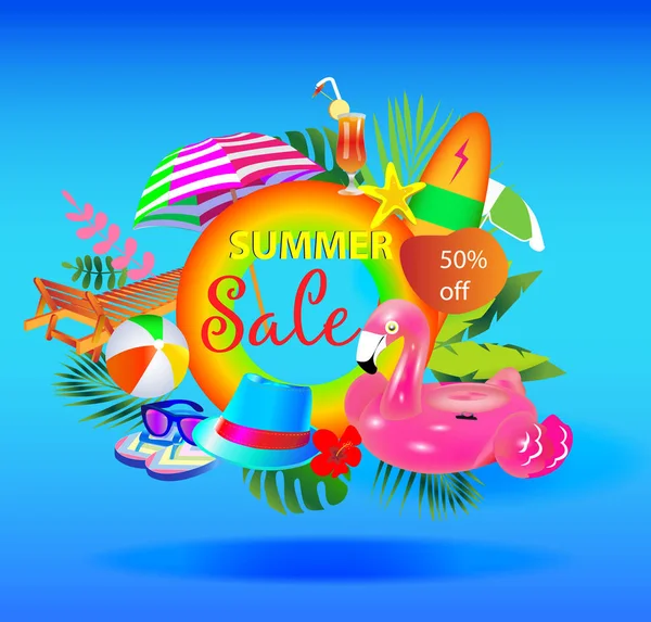 Летняя продажа векторного баннера с красочными пляжными элементами . — стоковый вектор