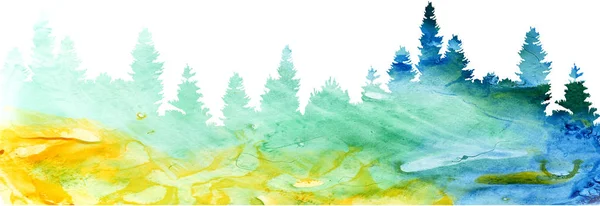 Paysage aquarelle avec pins et sapins — Photo