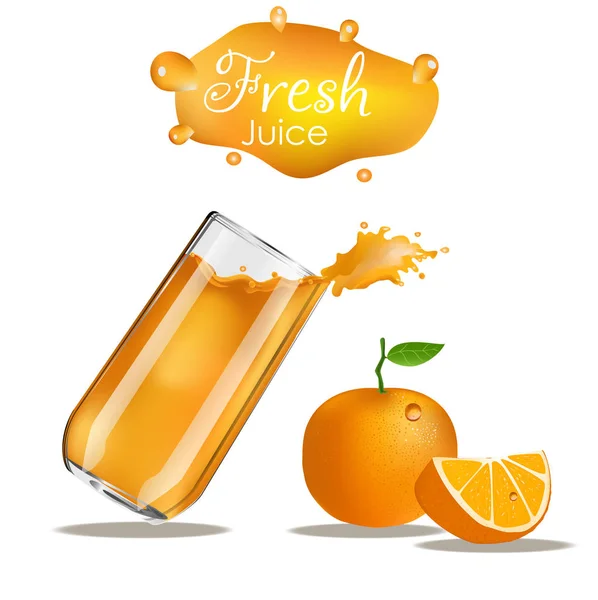 Zumo de naranja. Salpicaduras de cristal naranja — Vector de stock