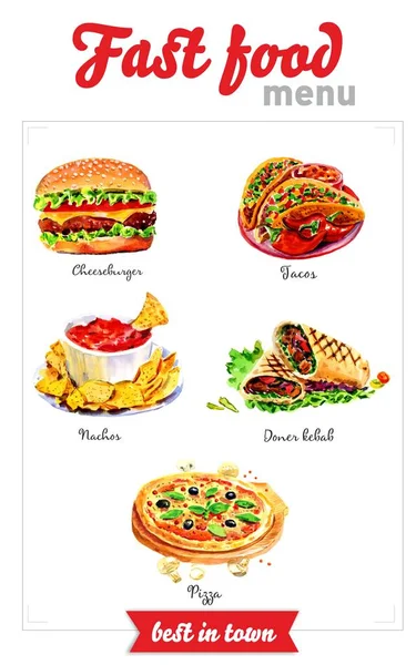 Fast Food Menü. Aquarellbilder — Stockfoto