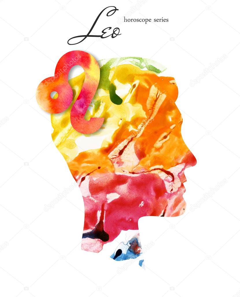 Leo  zodiac sign. Man silhouette. Watercolor illustration. Horoscope series. Isolated objects on white background 