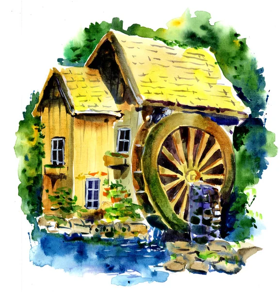 Ancien moulin à eau aquarelle — Photo