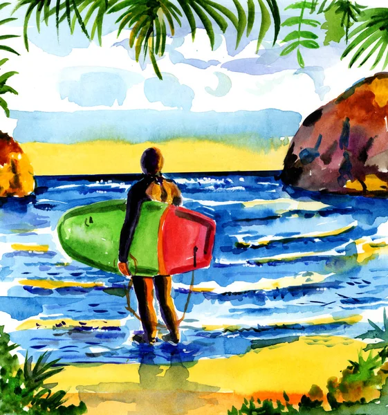 Akvarel Stylu Surfování Ženy Surfingu Vlnou — Stock fotografie