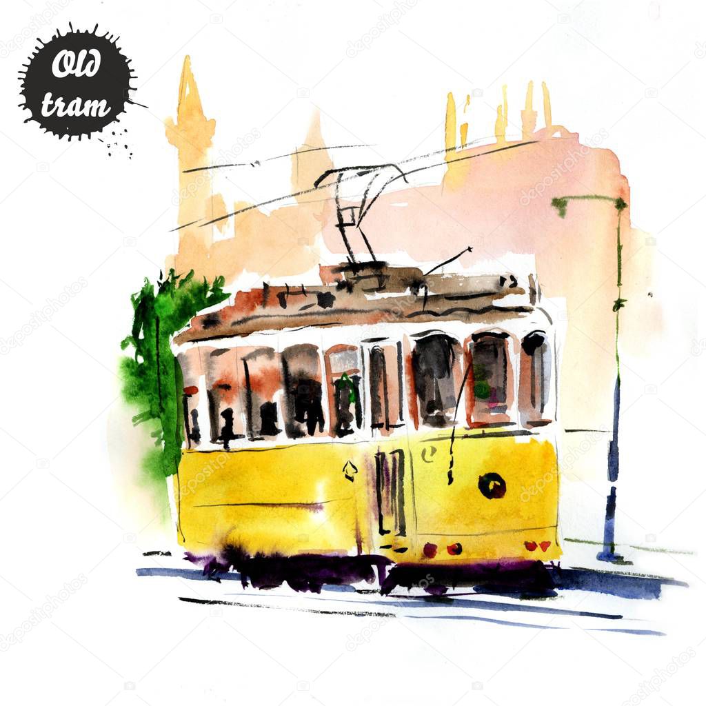 Watercolor sketch or illustration of a traditional yellow tram on a street in Lisbon in Portugal