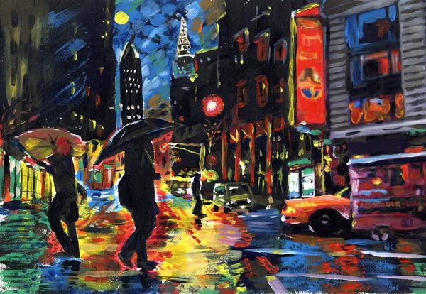 Acrylic drawing of the night city. People rush home, it rains ou