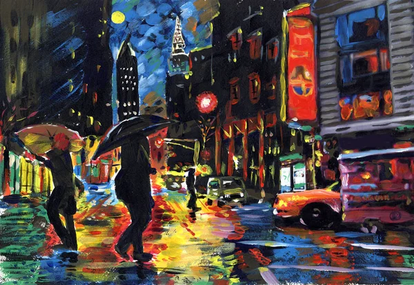 Acrylic drawing of the night city. People rush home, it rains ou — Stock Photo, Image