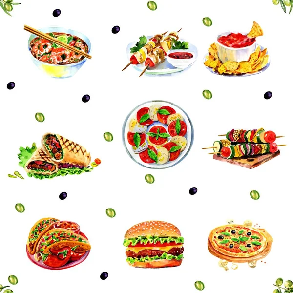Watercolor sketch seamless background of fast food — Stock Photo, Image