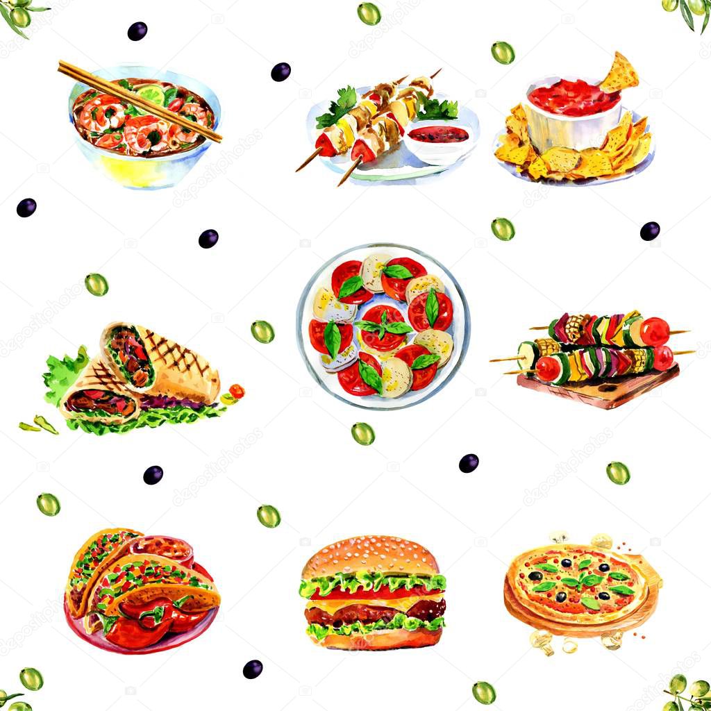 Watercolor sketch seamless background of fast food
