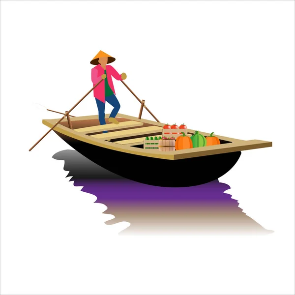 Asijský prodavač potravin na lodi. — Stockový vektor