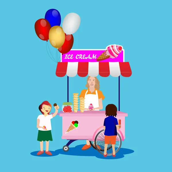 Ilustracja wektorowa z dzieci zakup lodów na stoisku lody. — Wektor stockowy