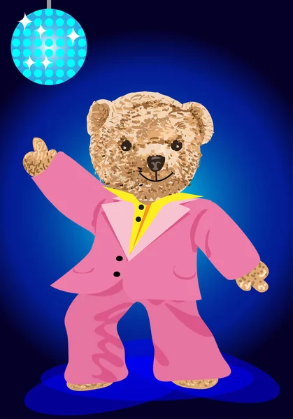 The teddy bear is dancing disco, he is the king of the disco. — Stock Vector