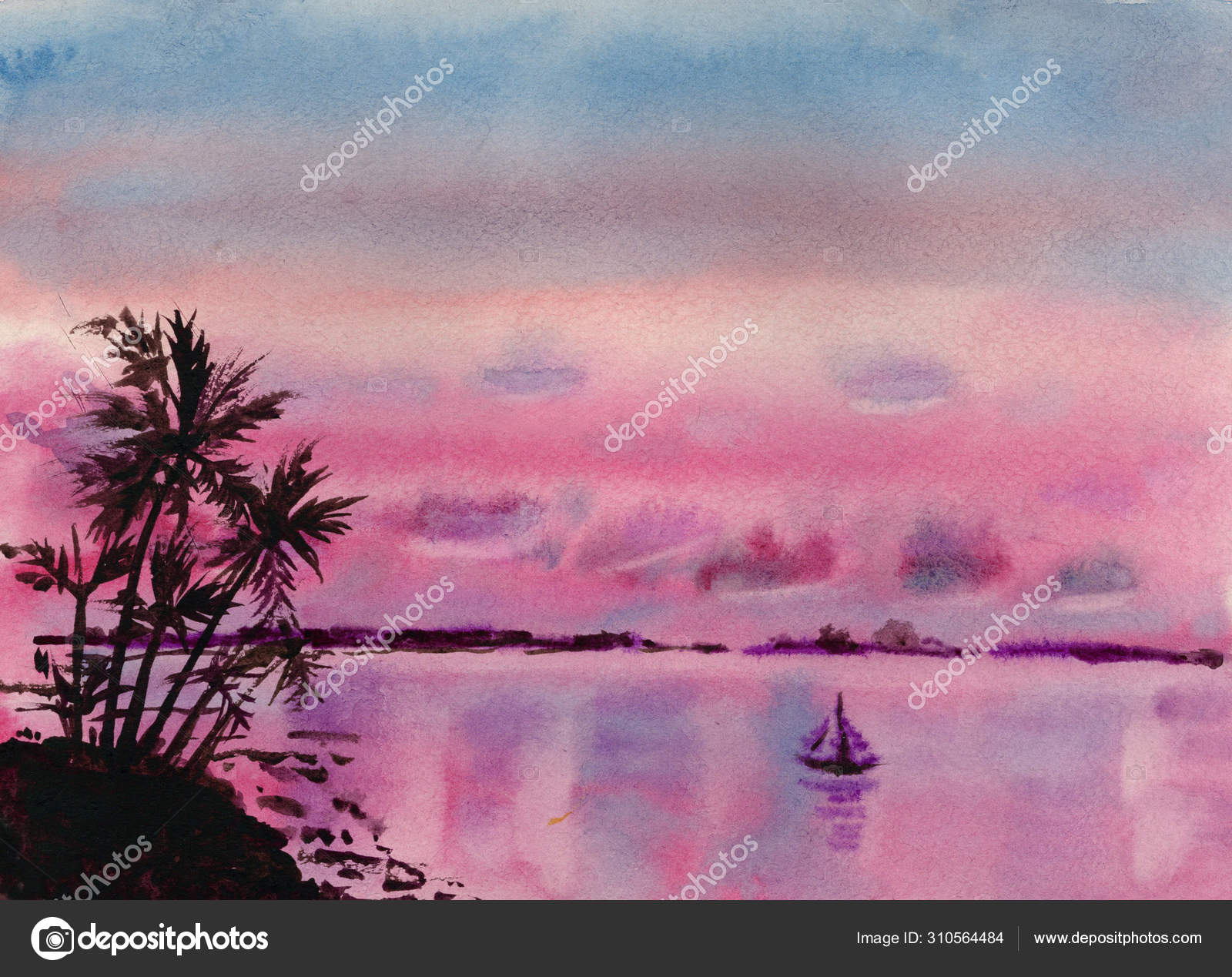 Watercolor Drawing Of Palm Trees At Sunset Stock Photo Image By C Sucares