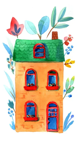 Aquarel Tekening Van Een Huis Bloemen Oranje Huis Met Groendak — Stockfoto