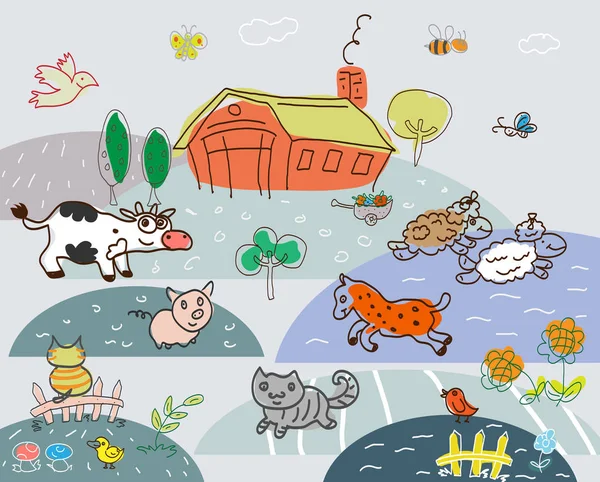 Διάνυσμα σχεδίου ενός αγροκτήματος σε ένα αστείο στυλ. Διάφορα ζώα και πουλιά. Για σχεδιασμό και κάρτες. — Διανυσματικό Αρχείο