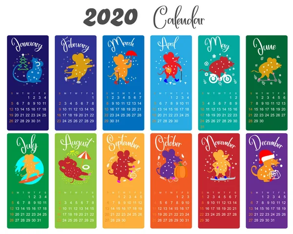 Calendário 2020. Dedicado ao ano do rato. Ratos engraçados em diferentes situações. Para design e cartões . — Vetor de Stock