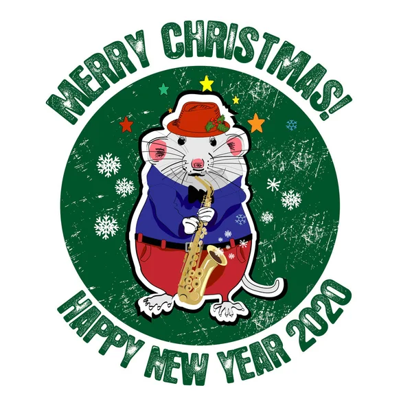 2020 adesivos do mouse de Natal. 2020 Ano Novo Chinês do Rato. Dedicado ao ano do rato. Ratos engraçados tocam instrumentos musicais. Para design e cartões . — Vetor de Stock