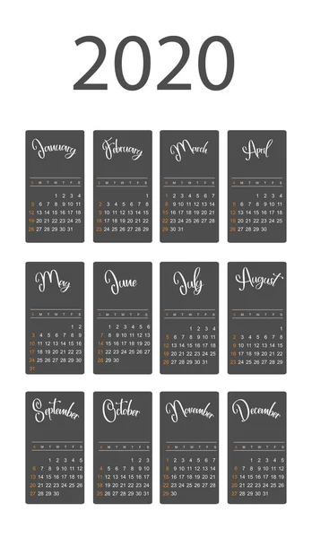 Πρότυπο ημερολογίου 2020. Ημερολόγιο σχέδιο σε μαύρο και άσπρο, διακοπές σε πορτοκαλί. Διάνυσμα — Διανυσματικό Αρχείο