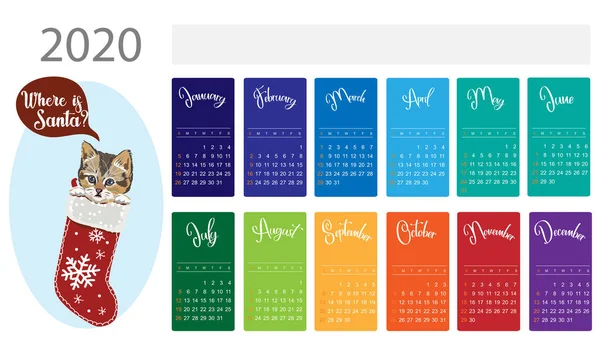 2020 calendário com gatinho bonito na meia de Natal para presentes, design vetorial — Vetor de Stock