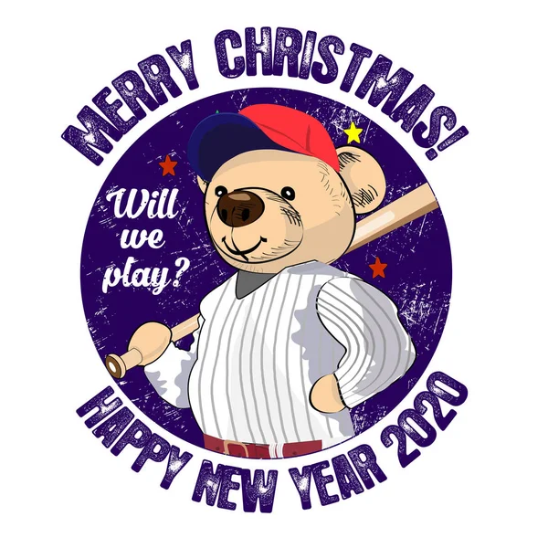 Pegatinas de Navidad con un oso de peluche. Oso de béisbol, ilustración vectorial para diseño y tarjetas — Archivo Imágenes Vectoriales