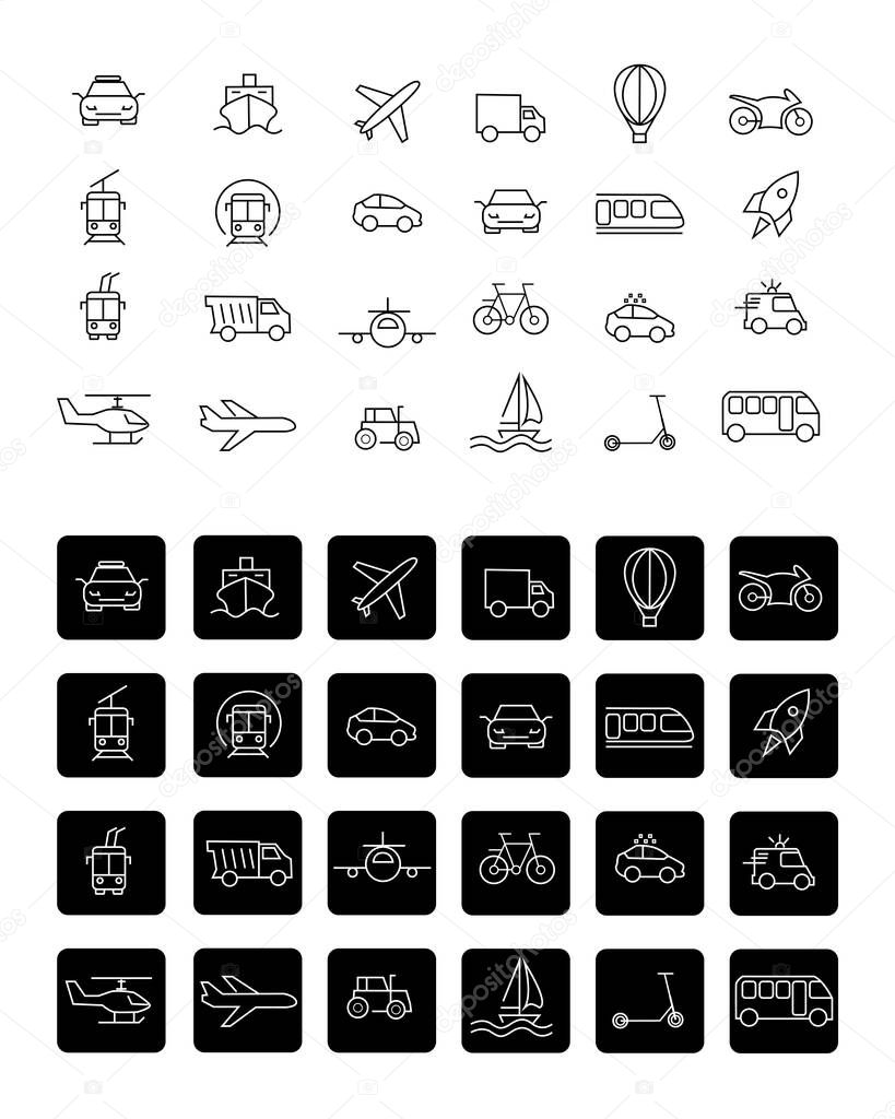 Simple set of vector lines icons of public transport. Contains icons such as Taxi, Train, Tram and much more. Editable move. 48x48 pixels perfect.