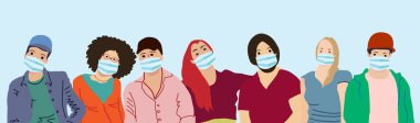 Bakteriyel havayla çevrili Coronavirus 'u önlemek için tıbbi maske takan bir grup genç. Evde kal, dikkatli ol. Covid-2019 'un Vektör illüstrasyonu