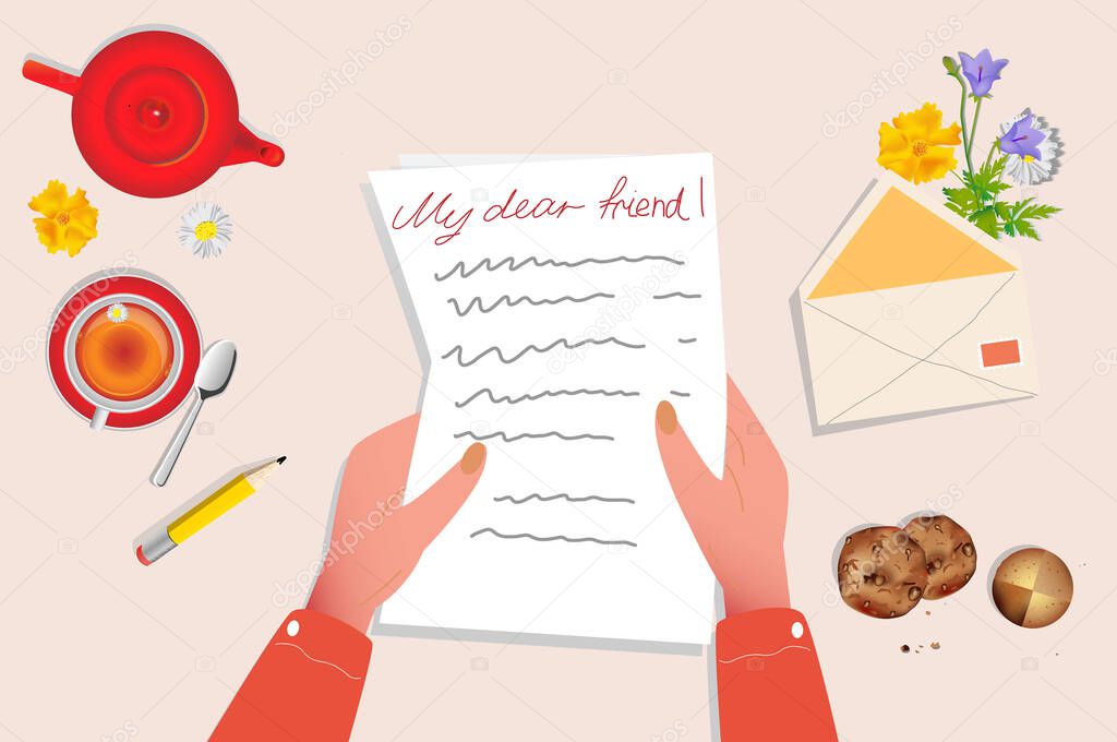 Hands holding a piece of paper with handwritten text. The concept of sending letters to your best friend through the postal service. Flat cartoon colorful vector illustration.