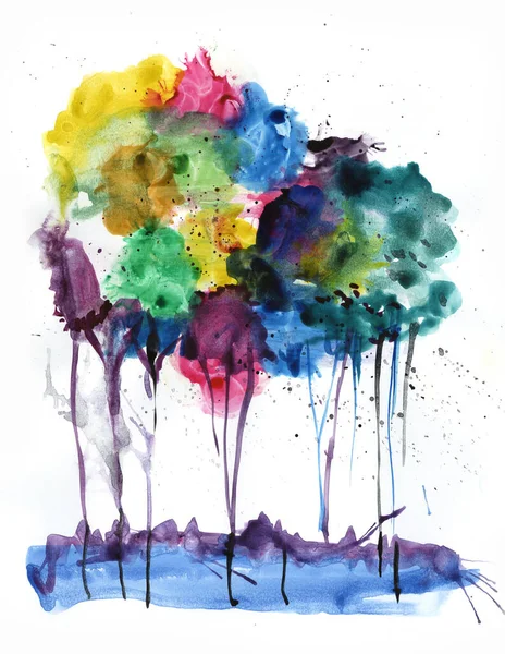 Акварельный Рисунок Абстрактного Пейзажа Цветные Деревья Белом Фоне — стоковое фото