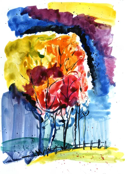 Aquarelle Dessin Paysage Abstrait Forêt Fleurs Contre Ciel Sombre — Photo