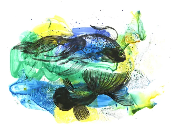 Desenho Aquarela Abstrato Peixes Tropicais Algas — Fotografia de Stock