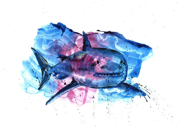 watercolor drawing of a predatory shark against the background of water and algae. For use in design.