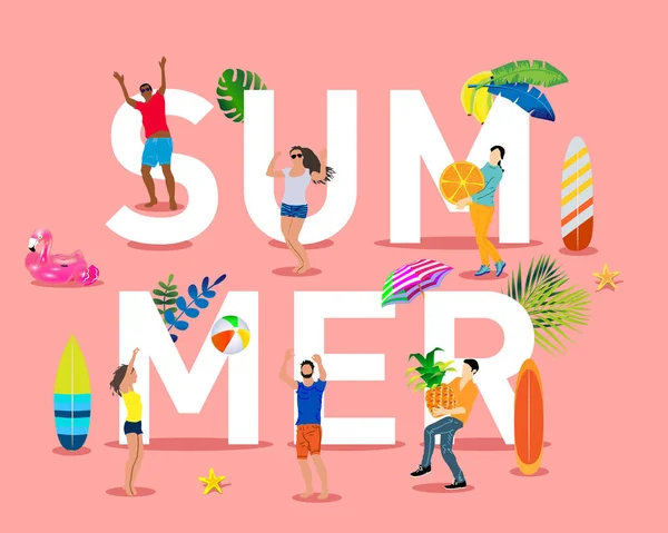 有夏季背景的矢量图解 年轻人喜欢夏天 彼此玩耍 吃热带水果 — 图库矢量图片