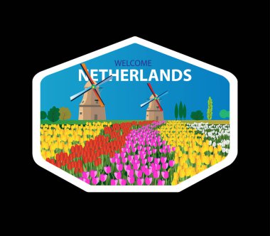 Hollanda laleleri ve değirmenli vektör çıkartması. Tasarım kartları ve davetiyeler için.